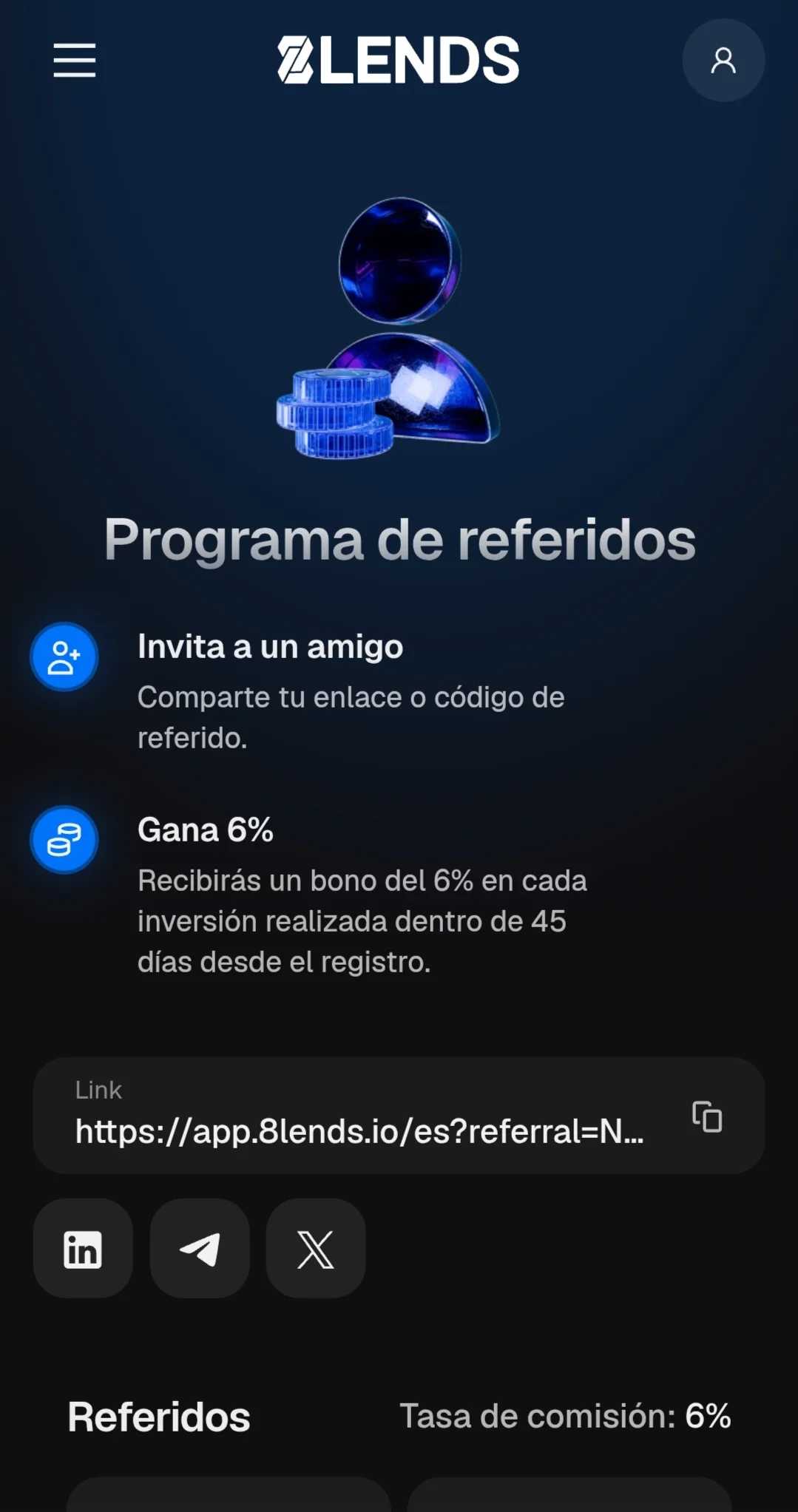 Programa de referidos de 8lends con bonificación del 6 por ciento