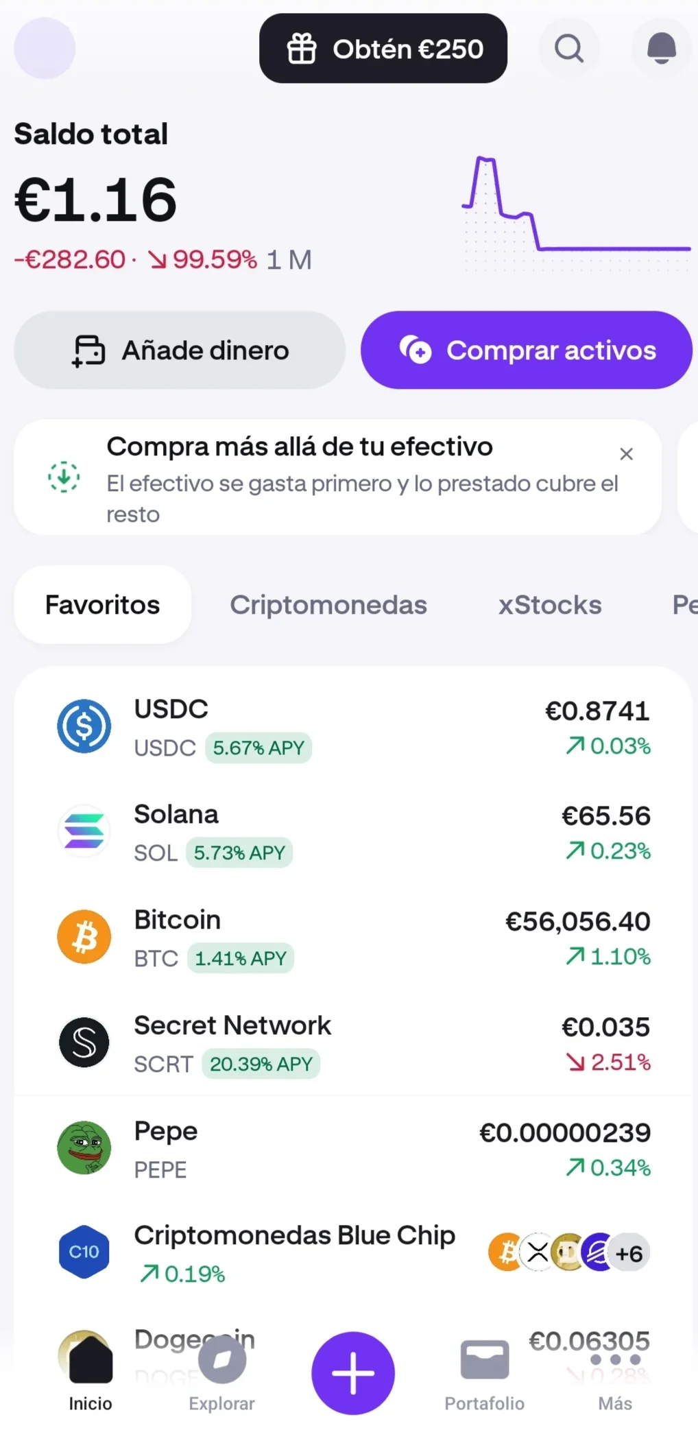 Interfaz de usuario de Kraken Exchange en móvil
